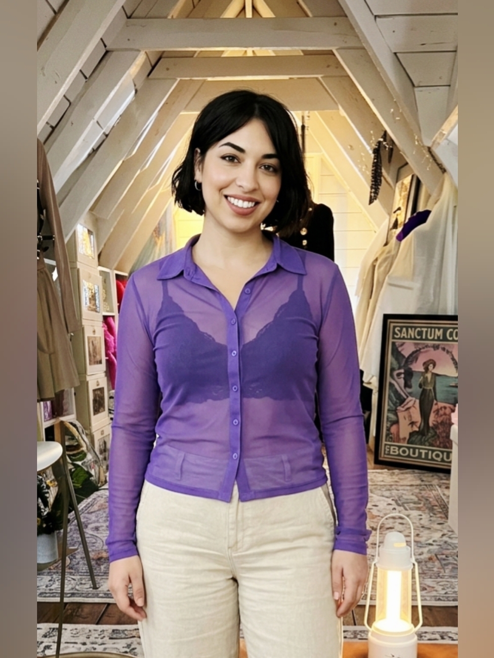 Active USA Y2K Purple Sheer Mesh Collared Button Front Long Sleeve Layering Top